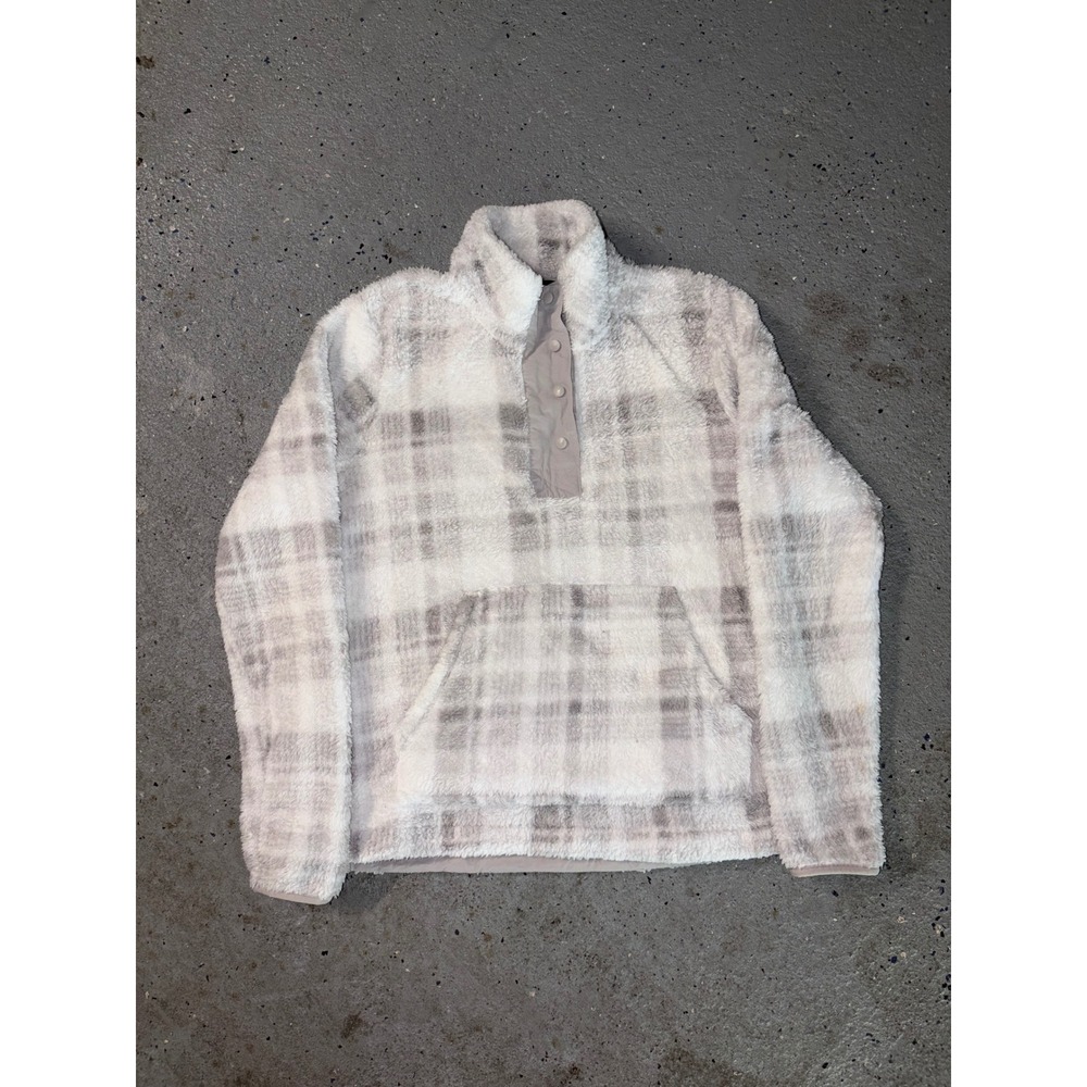 Eddie Bauer Womens Small Grey White Plaid Sherpa Fleece Snap Pullover Jacket